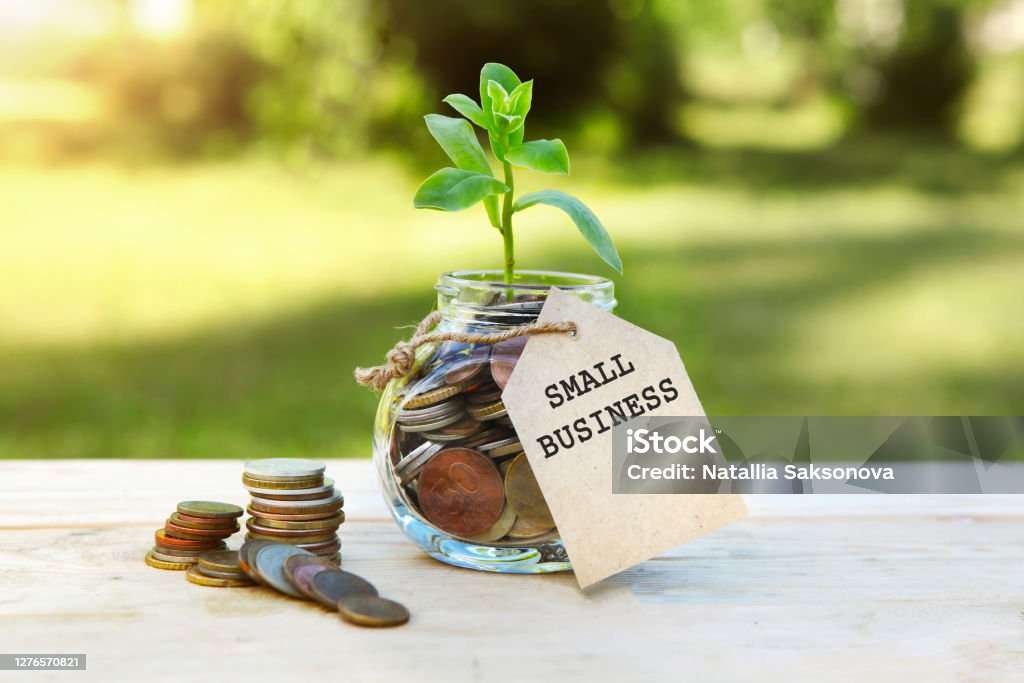 Small business. Glass jar with coins and a plant in it, with a label on the jar and a few coins on a wooden table, natural background. Finance and investment concept. Small Business Stock Photo