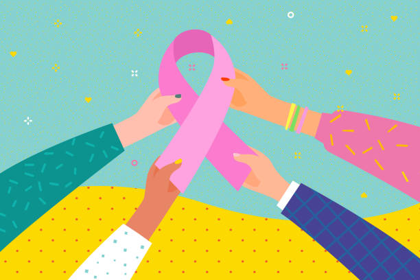 ilustrações, clipart, desenhos animados e ícones de conceito do mês nacional de conscientização do câncer de mama. mulheres. mãos seguram fita rosa e corações. - breast cancer
