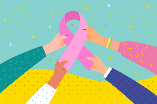 Concept of National Breast Cancer Awareness Month. Women. Hands hold pink ribbon and hearts. Concept of National Breast Cancer Awareness Month. Women. Hands hold pink ribbon symbol of Breast Cancer Awareness. Vector illustration. optimism background stock illustrations