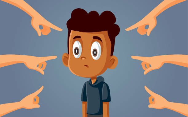 illustrazioni stock, clip art, cartoni animati e icone di tendenza di ragazzo africano che affronta discriminazioni e bullismo - bullying sneering rejection child