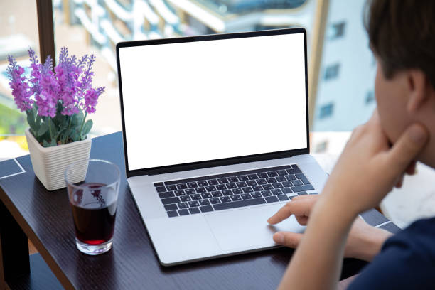 istock man working on laptop with isolated screen in cafe 1276573207