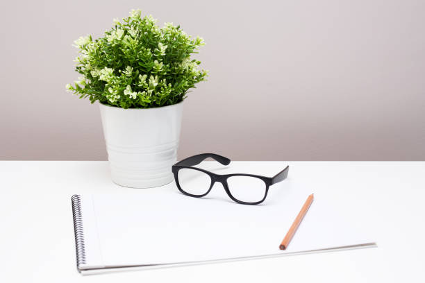 office desk workplace with notepad, glasses and flower in pot