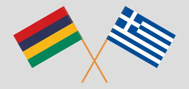 Vector illustration of Crossed and waving flags of Mauritius and Greece