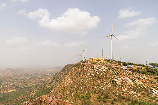 a beautyful view of aravali mountain range from hars mountain with wind mills at sikar rajasthan