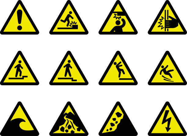 Warning signs set This mark indicates precautions. storm surge icon stock illustrations
