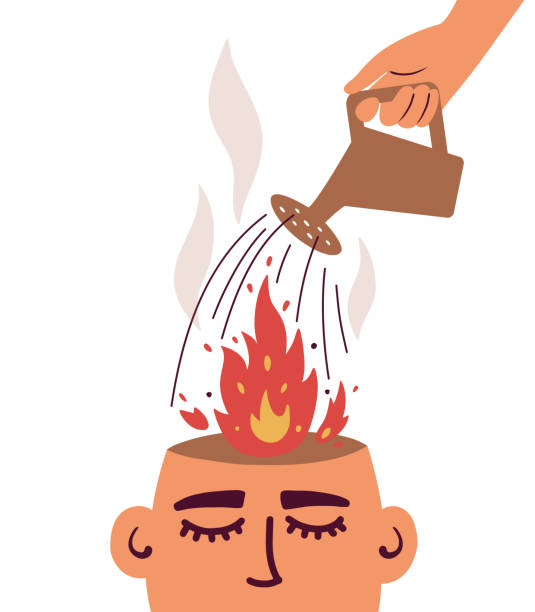 Illustration of psychological therapy help with human hand putting out fire in burning brain Human hand with watering can putting out fire in burning brain. Psychological therapy help concept. Burnout, stress, emotional problem, mental illness. Angry man or woman. Healing vector illustration mental burnout stock illustrations