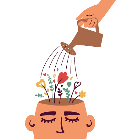 Mental health care, psychological therapy concept. Human hand with watering can irrigates blossom flowers inside head. Self care, healthy life. Psychologist help. Blooming brain vector illustration
