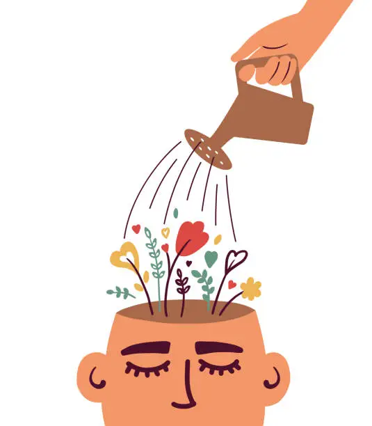 Vector illustration of Mental health or psychological therapy concept with watering flowering human head