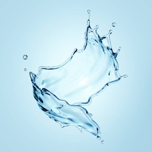 istock 3d render, water splash, translucent liquid, splashing wave clip art, isolated on blue background. 1276578977