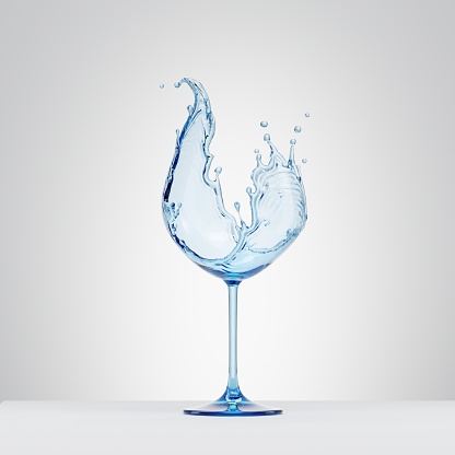 3d render, water splash in the shape of wineglass, clear liquid splashing clip art, isolated on white background