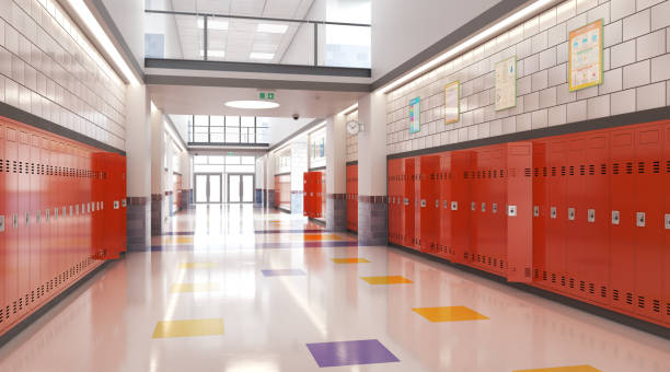 istock Long school corridor with red lockers , 3d illustration 1276579419