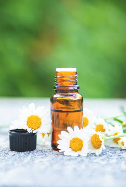 istock Chamomile essential oil in a small bottle. Selective focus. 1276579510