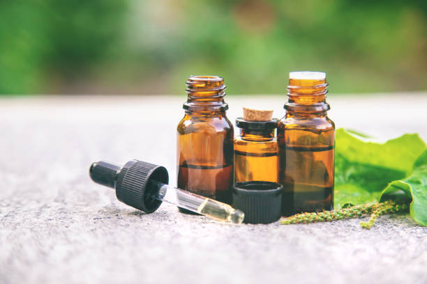 istock Plantain essential oil in a small bottle. Selective focus. 1276580052