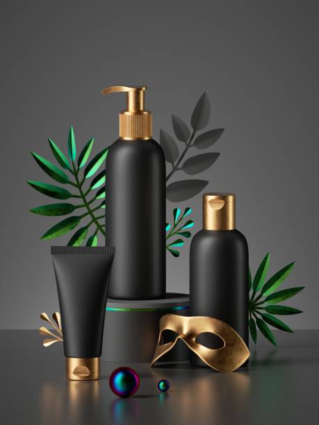 istock 3d render, luxurious black cosmetic bottles with golden caps isolated on dark background, gold mask, tropical leaves. Collection of skin care products for men, blank package mockup premium design 1276580366