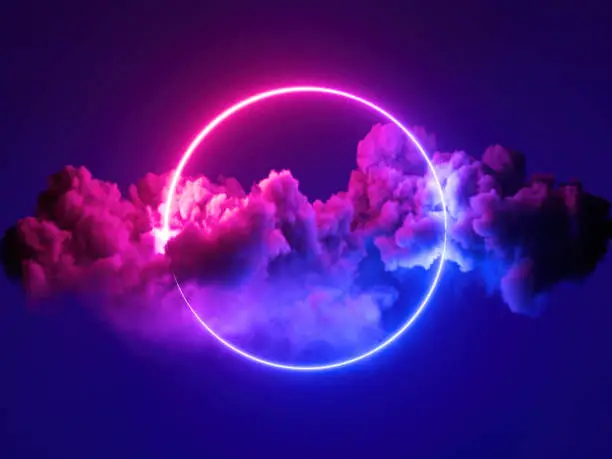 Photo of 3d render, abstract minimal background, pink blue neon light round frame with copy space, illuminated stormy clouds, glowing ring geometric shape.