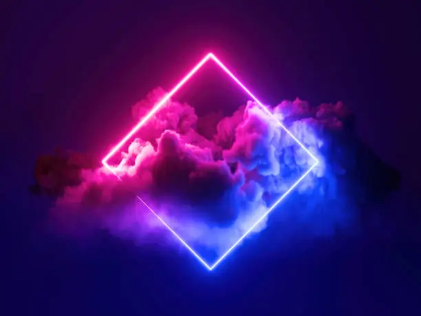 Photo of 3d render, abstract minimal background, pink blue neon light square frame with copy space, illuminated stormy clouds, glowing geometric shape.