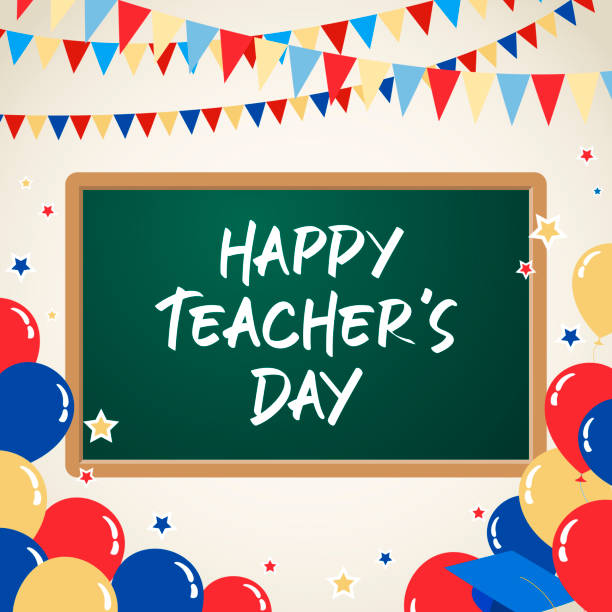 Ready for the Teacher's Day celebration with bunting, balloons, stars and hand lettering on chalkboard in the classroom