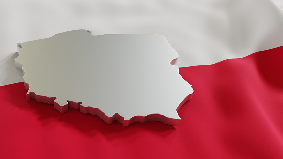 3d map of Poland resting on national flag backdrop. 3d illustration