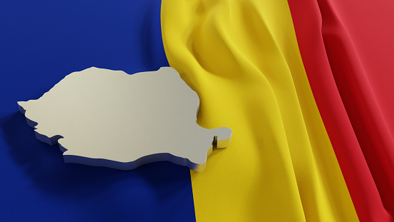 3d map of Romania resting on national flag backdrop. 3d illustration
