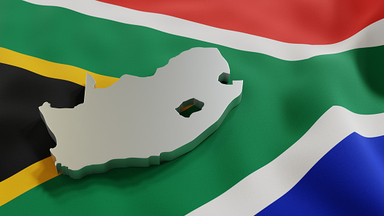 3d map of South Africa resting on national flag backdrop. 3d illustration