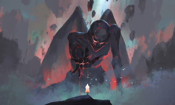 A person faces a monster rising from the ruins, digital painting. A person faces a monster rising from the ruins, digital painting. giant fictional character stock illustrations