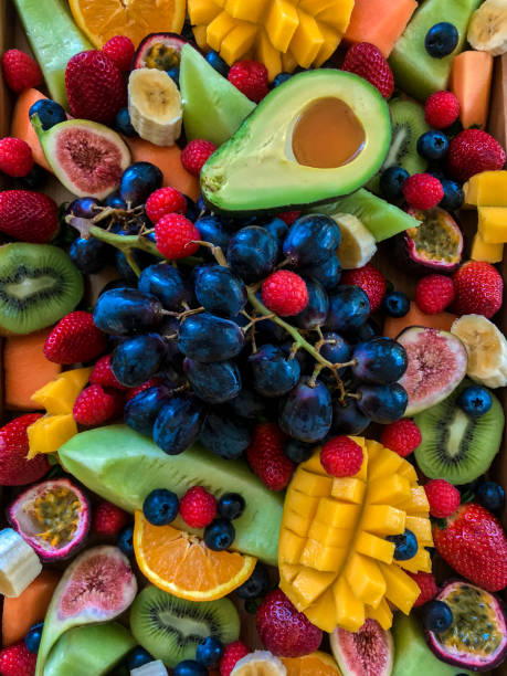 istock Mixed summer fruits closeup top view. Copy space. 1276582246