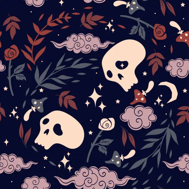 Vector illustration of Seamless pattern with skulls, roses and mushrooms. Vector graphics