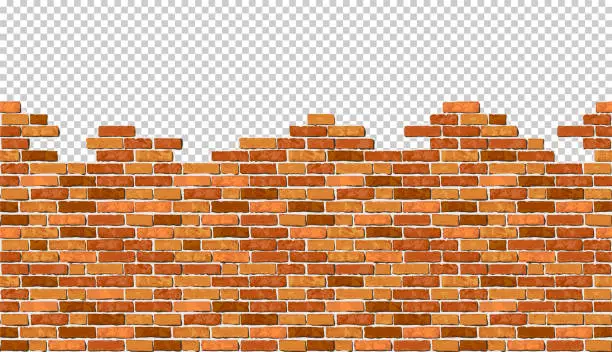 Vector illustration of Realistic Vector broken horizontal brick wall with transparent background. Destroyed flat red wall texture. Brown textured brickwork for print, design, decor, background, banner, ad