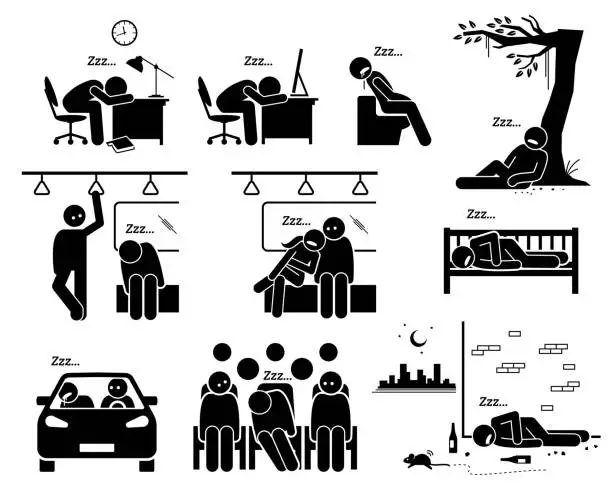 Vector illustration of People sleeping at different places stick figure pictogram icons.