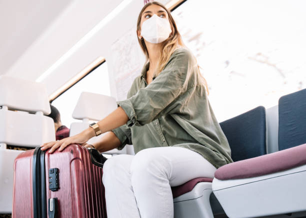 istock Female traveler in mask riding train 1276585044
