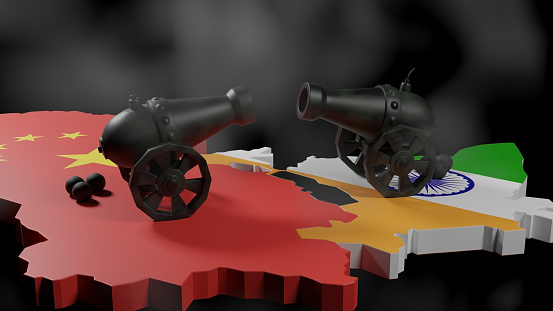Two mounted cannons facing each other near the Indo-China border. Concept of Sino-Indian border conflict. 3D rendered illustration.