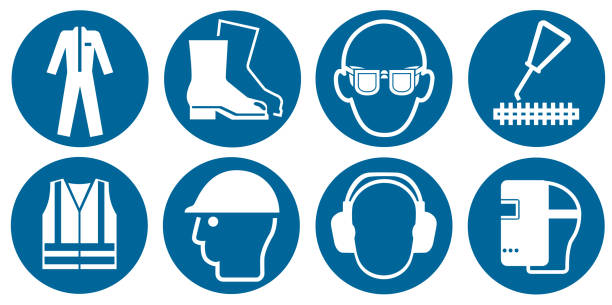 satz von pflichtzeichen nach din en iso 7010 - protective workwear stock-grafiken, -clipart, -cartoons und -symbole