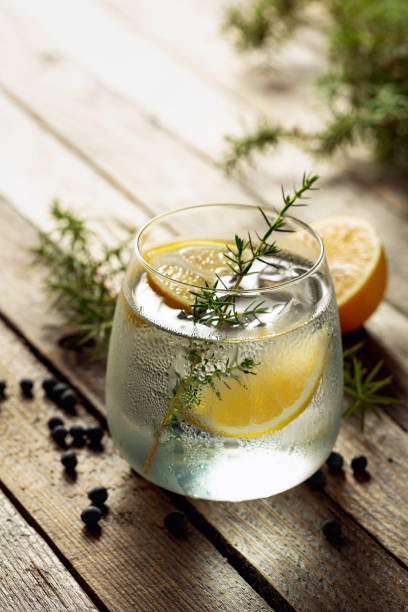 istock Alcohol drink (gin tonic cocktail) with lemon, juniper branch, and ice on rustic wooden table. 1276587514