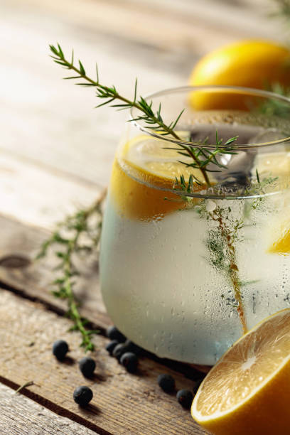istock Alcohol drink (gin tonic cocktail) with lemon, juniper branch, and ice on rustic wooden table. 1276587521