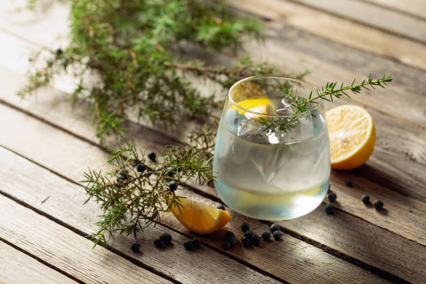 istock Alcohol drink (gin tonic cocktail) with lemon, juniper branch, and ice on rustic wooden table. 1276587538