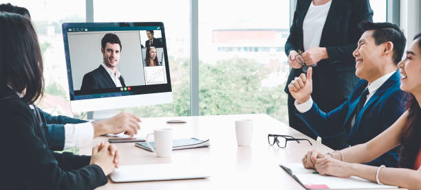 istock Video call group business people meeting on virtual workplace or remote office 1276587551