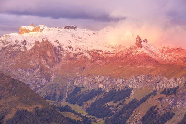 panoramic view of swiss alps sunset, switzerland - monch sun snow european alps imagens e fotografias de stock