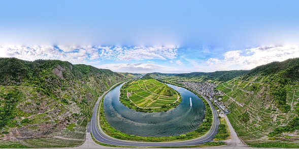 Loop of Bremm from Calmont on the romantic Moselle, Mosel river. 360 degree aerial Panorama view. Rhineland-Palatinate, Germany