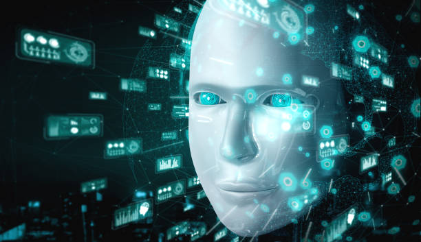 istock Robot humanoid face close up with graphic concept of big data analytic 1276589170