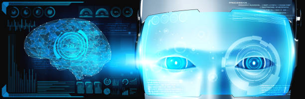 istock Robot humanoid face close up with graphic concept of AI thinking brain 1276589174