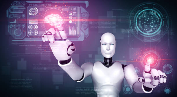 robô humanoide de ia tocando tela de holograma virtual mostrando conceito de big data - i.a inteligencia artficial  - fotografias e filmes do acervo