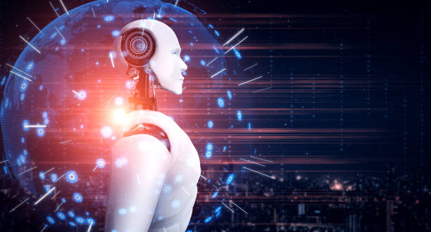 Humanoid AI robot looking at hologram screen showing concept of communication