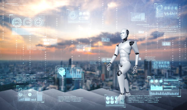 istock 3D rendering robot humanoid walk up stair to success 1276589249