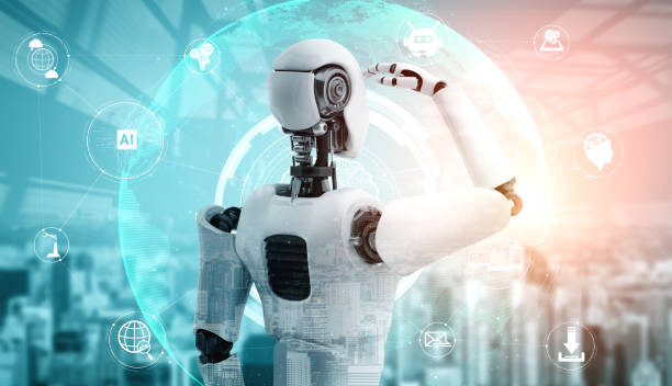istock Humanoid AI robot looking at hologram screen showing concept of communication 1276589250