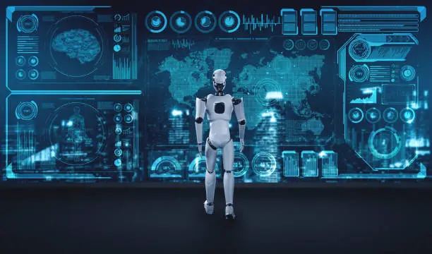 Photo of 3D rendering robot humanoid analyzing big data using AI thinking