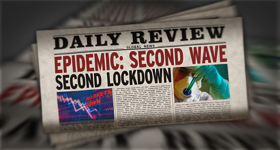 Covid 19 epidemic second wave, lockdown, virus pandemic and global crisis news. Daily newspaper print. Vintage paper media press production abstract concept. Retro style 3d rendering illustration.