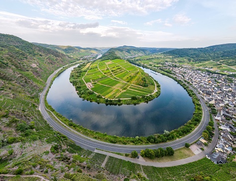 Loop of Bremm from Calmont on the romantic Moselle, Mosel river. Panorama view. Rhineland-Palatinate, Germany.