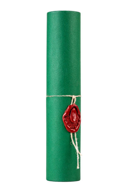 stylish green certificate diploma tube, cylinder with a red wax seal, object isolated on white cut out simple paper document container design, sealing wax graduation, important message - baccalaureate imagens e fotografias de stock
