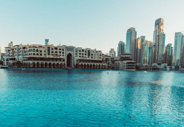DUBAI, UAE - DECEMBER 12, 2018: View at Burj Khalifa Lake and Modern buildings in Dubai Downtown, Dubai, UAE.