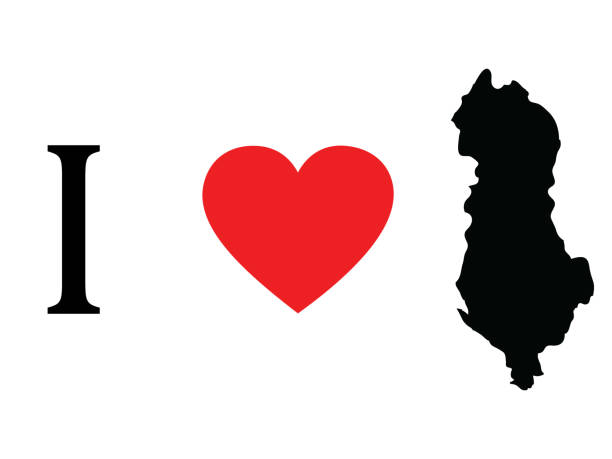 ilustraciones, imágenes clip art, dibujos animados e iconos de stock de me encanta el diseño de albania con el mapa negro de albania y la forma del corazón rojo sobre el fondo blanco - letter i love heart shape animal heart
